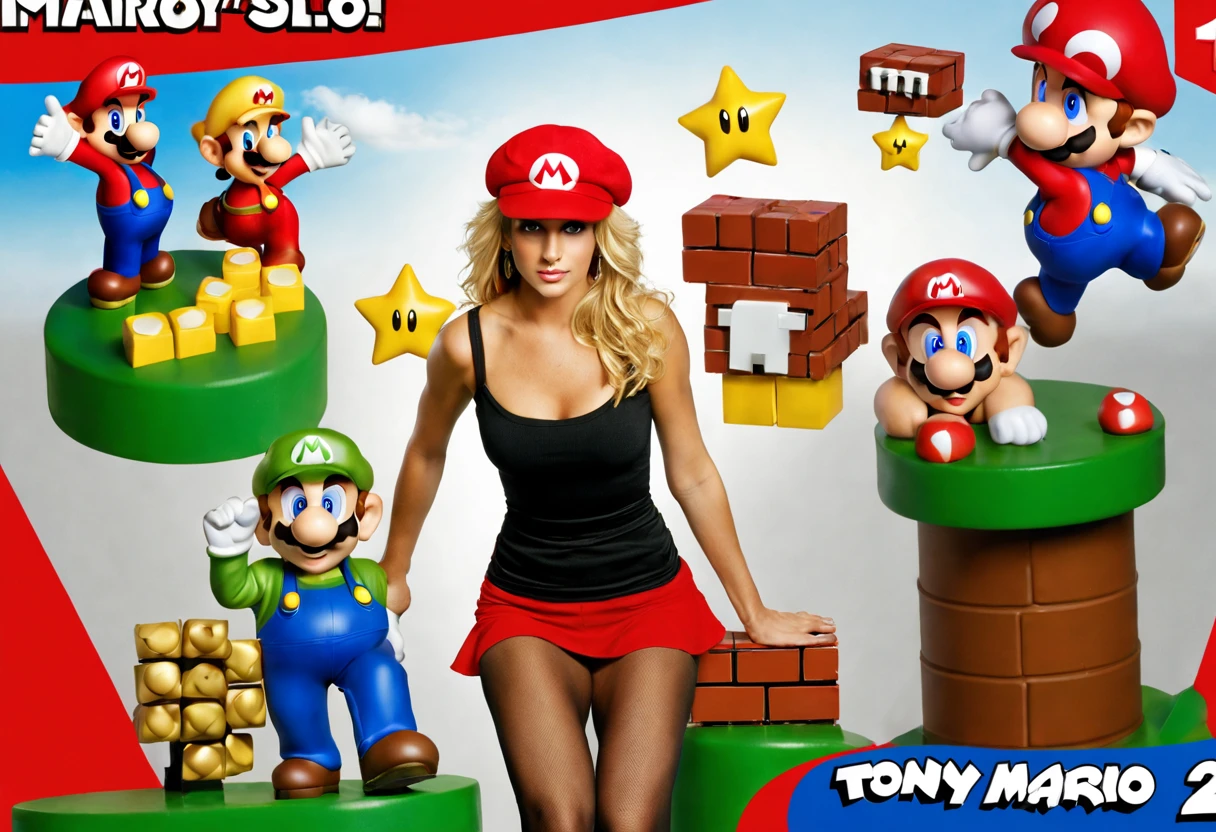 (Britney Spears:0.6) ((ohwx woman)) as super Mario, red hat, (tight cropped top and tight microskirt), (black pantyhose)1.4, fantasy, highly detailed, (sharp focus), photo by Tony Sart  randy vargas, (solo)1.5, (Super-Mario 2D retro game background), Extremely high-resolution details, photographic, realism pushed to extreme, incredibly lifelike, (sharp focus)1.4