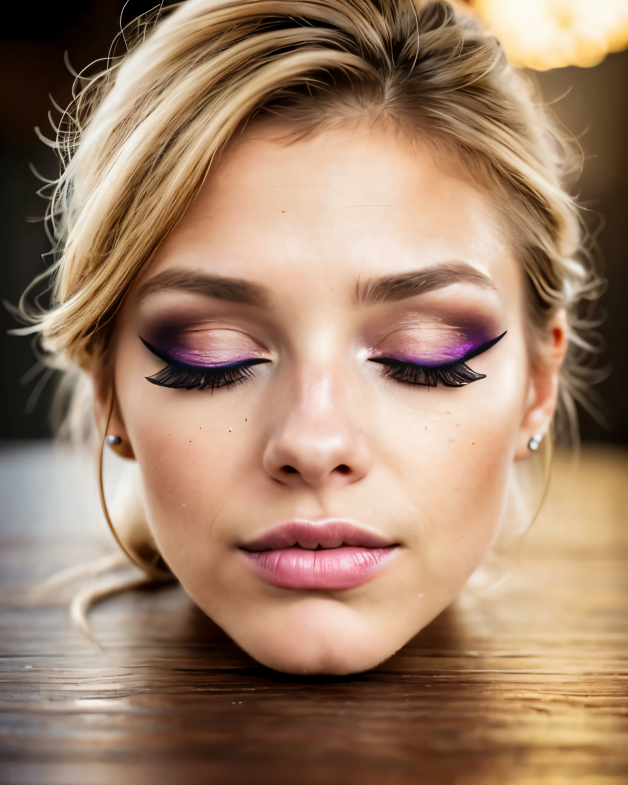 ((disembodied head on table)), Brittany, ((wearing makeup)), highly detailed skin, (eyes closed), (realistic), realistic lighting, (best image, best quality)