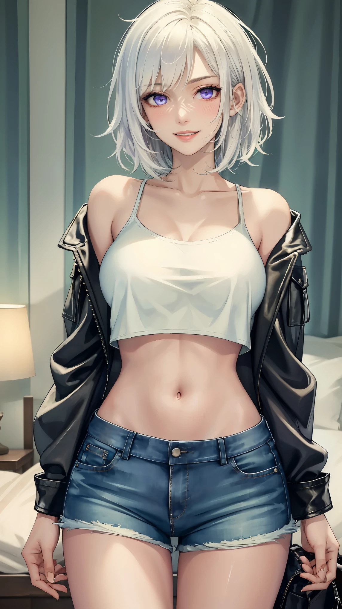 ((((masterpiece, best quality, high resolution)))), (1girl:1.5), ((short silky hair, white hair, purple eyes, sharp eyes)), (big breasts:1.2), (blushing), (cheeky smile, parted lips), glow, thighs, bare shoulders, collarbone, narrow waist, (slender body figure), (beautiful detailed face, beautiful detailed eyes), ((leather jacket, white Crop Top Overhang, jeans shorts)), (standing up), looking at viewer, bedroom, (cowboy shot)