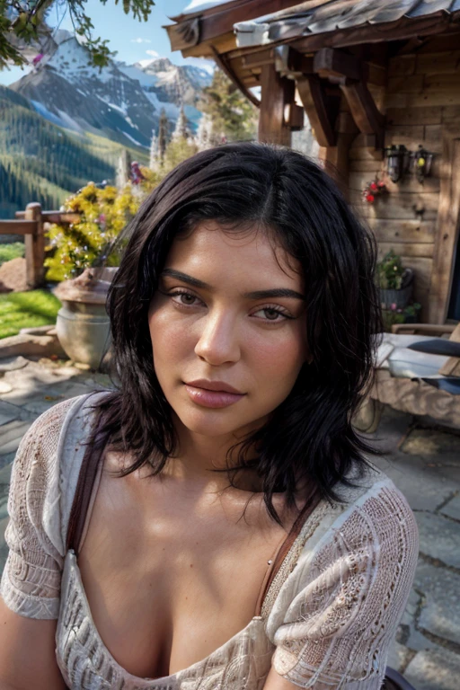 (best quality,highres), realistic, ultra-detailed, short black hair kyl13j3nn3r at gorgeous mountain scenery, bright day, stunningly beautiful, overhead angle shot, shallow depth of field, cinematic lighting, photorealistic,8k resolution