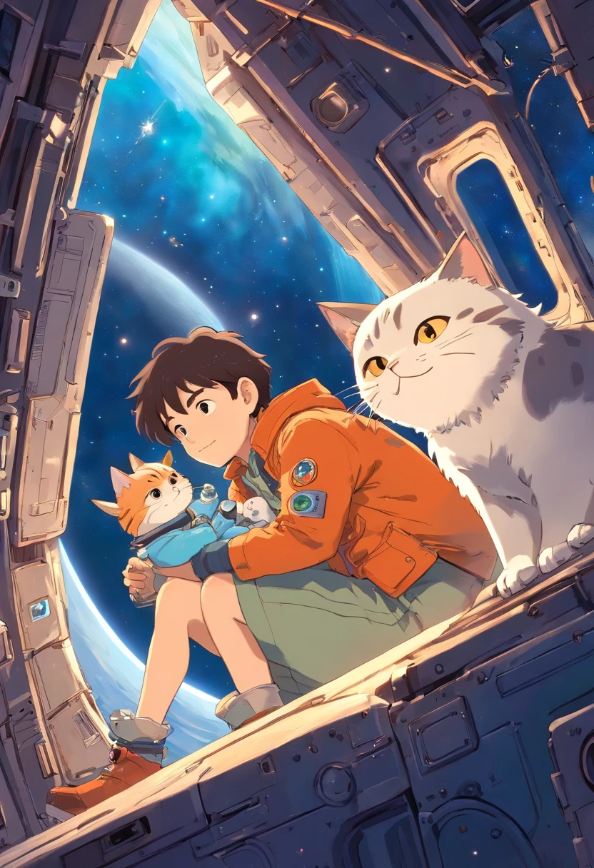 avec son chat, astronaute, excentrique, qui cherche des diamands dans l'espace. Univers, planètes, Luminosité Claire obscure. Trésor perdu.