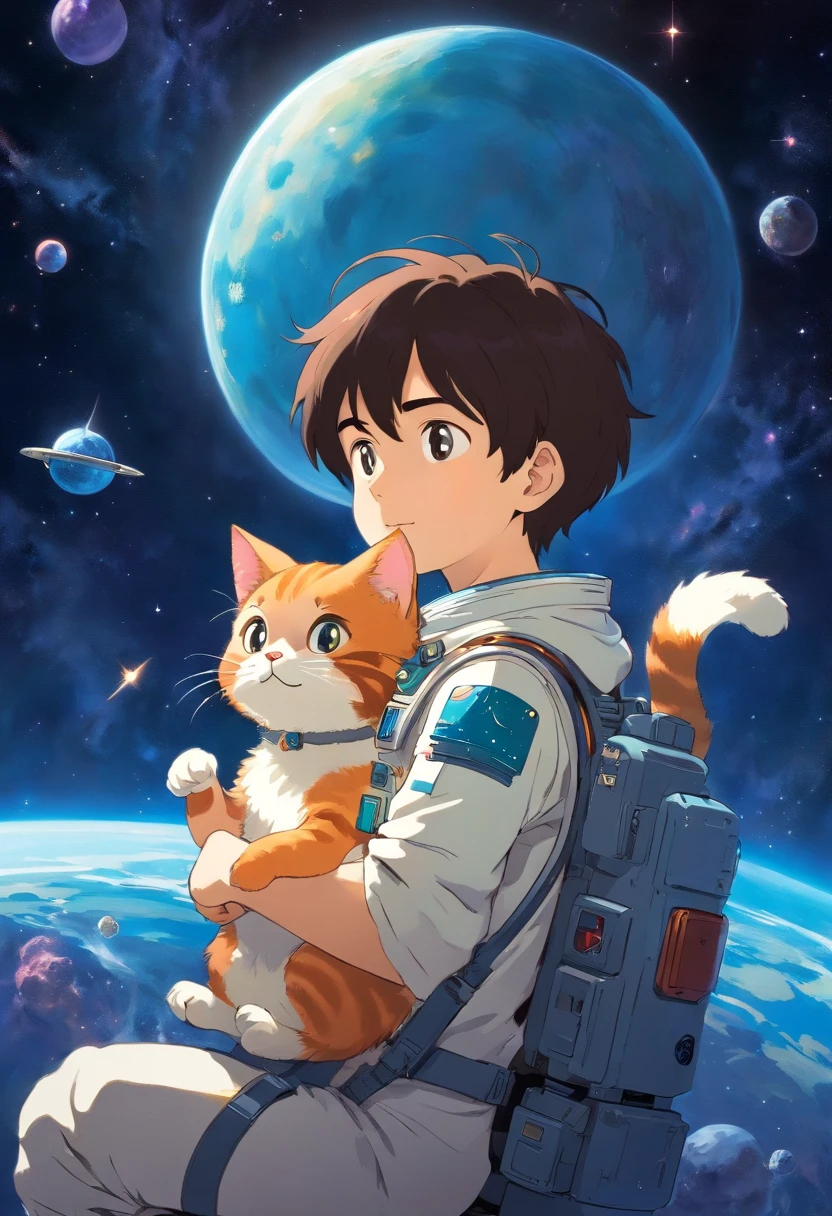 avec son chat, astronaute, excentrique, qui cherche des diamands dans l'espace. Univers, planètes, Luminosité Claire obscure. Trésor perdu.