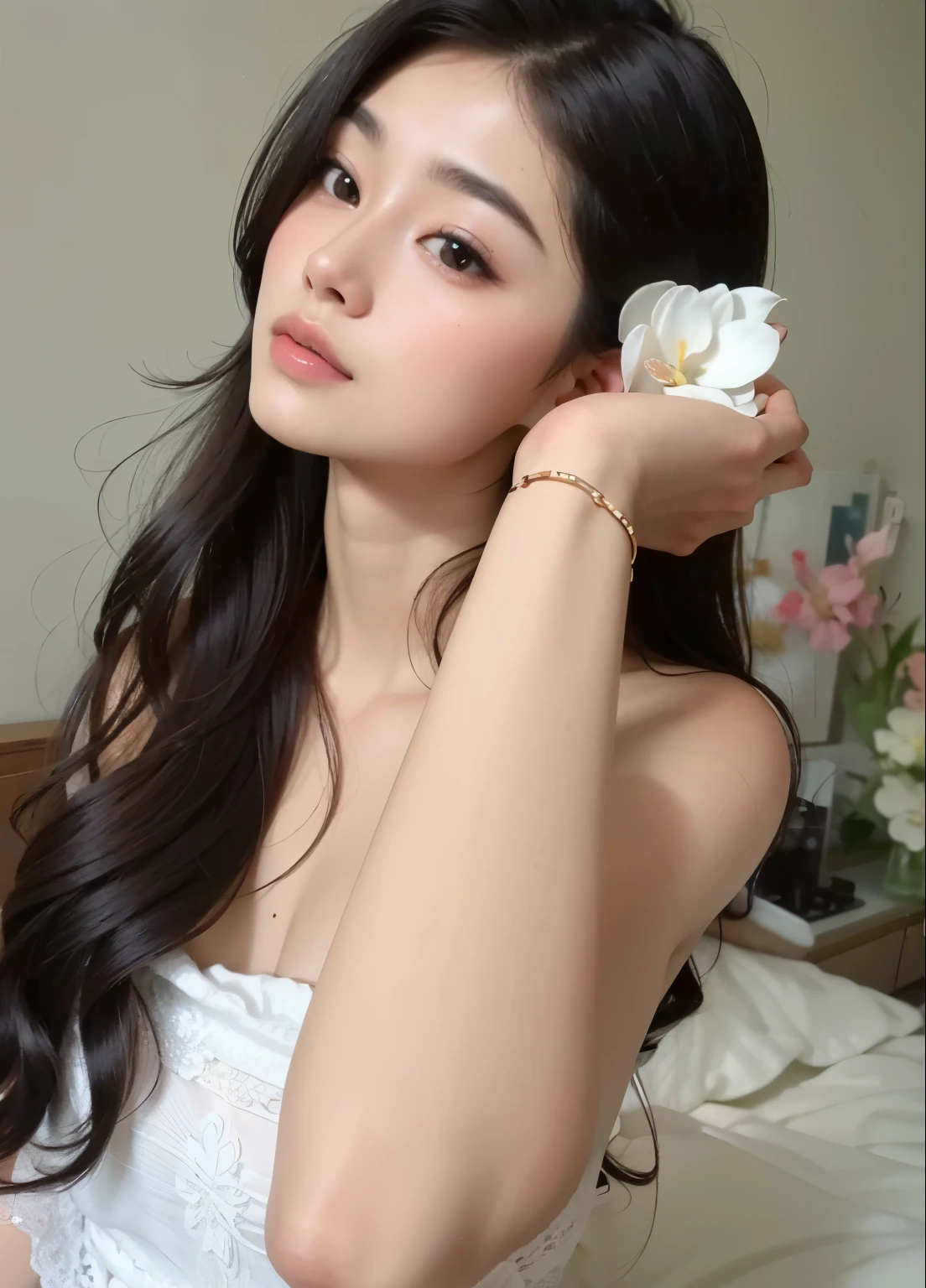 Araffe Asian woman in white dress holding a flower in her hand, linda jovem coreana, linda mulher sul-coreana,  coreana, beautiful asian girl, linda jovem coreana, young pale and beautiful asian face, lindo rosto delicado, beautiful chinese model, Ulzzang, her face looks like an orchid, young asian, young lovely korean face, Xintong Chen