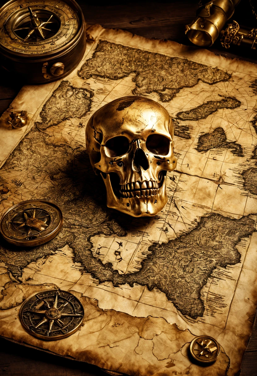 (detailed treasure map,pirate table),sepia tone,vintage texture,old parchment,antique lighting,pirate-themed,highly detailed map,compass,aged paper,vintage illustrations,vivid colors,crumbling edges,subtle shadows,creases and folds,authentic pirate symbols,skull and crossbones,hidden treasure,buried gold jewelry,shipwreck in the background,rum bottle,wooden plank,old coins and doubloons,double spyglass,aged ink markings,burnt edges,tattered edges,mysterious atmosphere,adventurous spirit