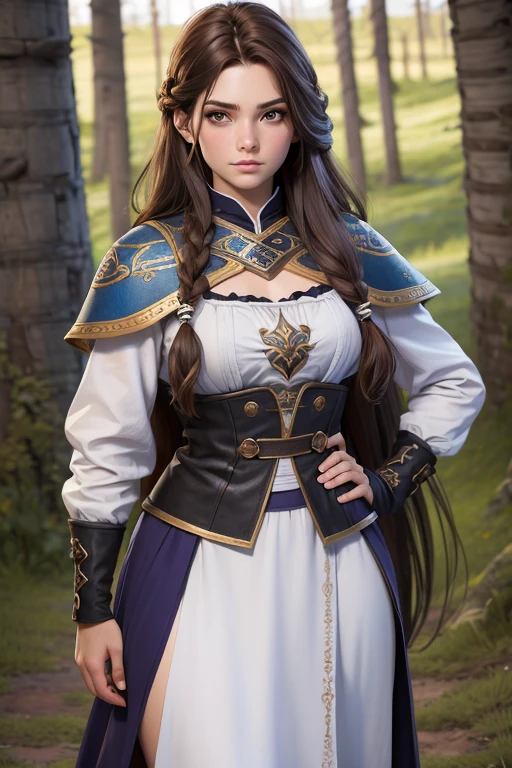 (Obra maestra, La mejor calidad) young 18 year old woman of Nordic descent, vestuario de guerrera, Cabello largo, ojos azules, cabello rubio, brown hair, tenencia, boca cerrada, Parte superior del cuerpo, arma, trenza, al aire libre, tenencia arma, armadura vikinga, ropa vikinga, realista.