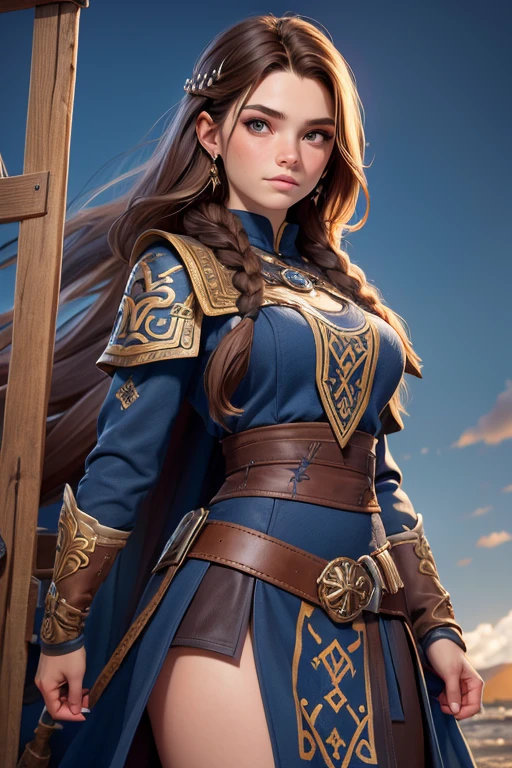(Obra maestra, La mejor calidad) young 18 year old woman of Nordic descent, vestuario de guerrera, Cabello largo, ojos azules, cabello rubio, brown hair, tenencia, boca cerrada, Parte superior del cuerpo, arma, trenza, al aire libre, tenencia arma, armadura vikinga, ropa vikinga, realista.