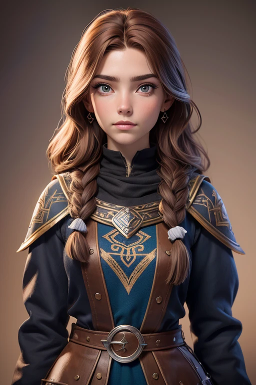 (Obra maestra, La mejor calidad) young 18 year old woman of Nordic descent, vestuario de guerrera, Cabello largo, ojos azules, cabello rubio, brown hair, tenencia, boca cerrada, Parte superior del cuerpo, arma, trenza, al aire libre, tenencia arma, armadura vikinga, ropa vikinga, realista.