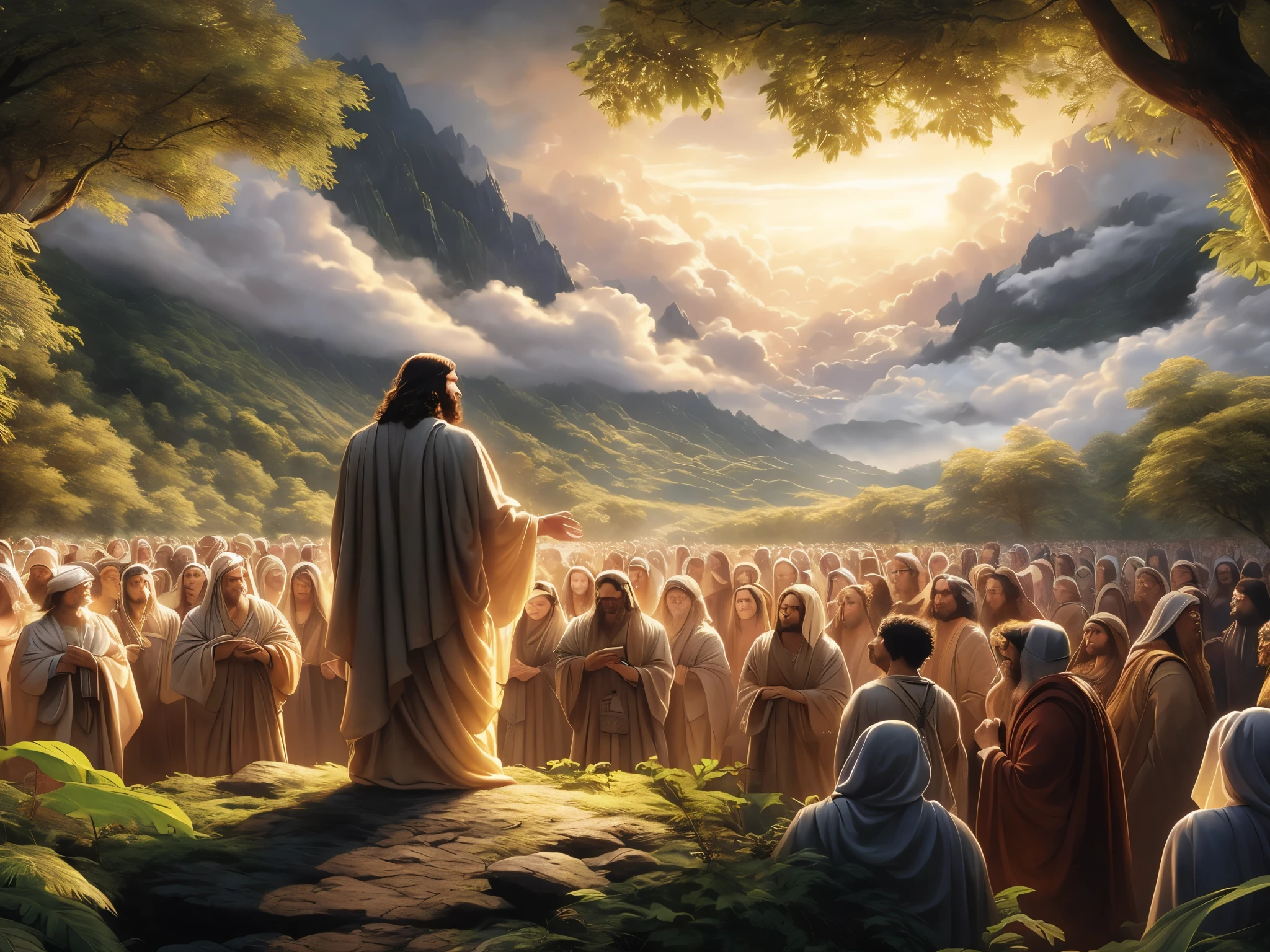Jesus standing in front of a large group of people in a forest., cielo!!!!!!!!, cielo on earth, Rob McNaughton, Beautiful image never created, por Christophe Vacher, Greg Olsen, bible illustration, epic biblical depiction, inspired por Christophe Vacher, Segunda venida, Jon McNaughton, Beautiful Rendering, muchos seres caminando, muchas personas adorando