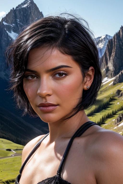 (best quality,highres), realistic, ultra-detailed, short black hair kyl13j3nn3r at gorgeous mountain scenery, bright day, stunningly beautiful, overhead angle shot, shallow depth of field, cinematic lighting, photorealistic,8k resolution