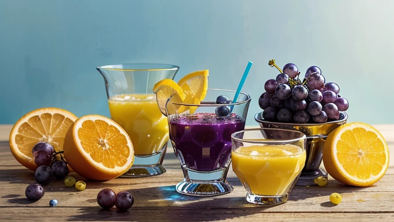 (grape juice cups,orange juice cups,fruits beside,light blue and yellow background),(best quality,ultra-detailed,realistic:1.37),illustration,juicy fruits,refreshing beverage,crystal-clear cups of grape and orange juice,long glass cups,freshly squeezed fruits,natural colors,vibrant and vivid palette,colorful citrus slices,sunny yellow lemon,juicy purple grape,delicious orange,refreshing and revitalizing visual,light and airy background,calm and peaceful ambience,stunning blend of blue and yellow,gentle and soothing hues,soft and dreamy lighting