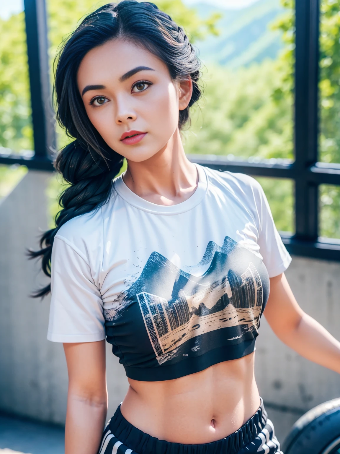 gorgeous cute Austrian girl, (casual crop top), stylish black braided hair, comics printed shirt, oversized gym pants,in background, mountain valley, (mountain hills), hip-hop, , perfectly symmetrical face, detailed skin, vivid colours, HDR, hard shadows, art photography, soft focus, masterpiece, breathtaking, atmospheric perspective, diffusion, pore correlation, skin imperfections, 80mm Sigma f2, depth of field, intricate natural lighting