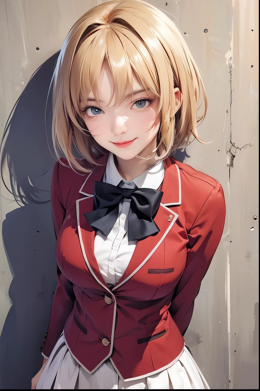 Beautiful asian woman, blonde hair, short hair, red shirt, big