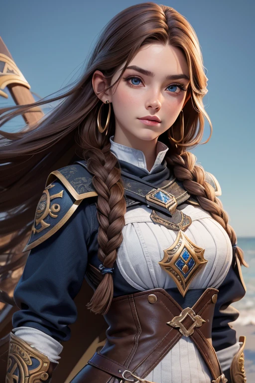 (Obra maestra, La mejor calidad) young 18 year old woman of Nordic descent, vestuario de guerrera, Cabello largo, ojos azules, cabello rubio, brown hair, tenencia, boca cerrada, Parte superior del cuerpo, arma, trenza, al aire libre, tenencia arma, armadura vikinga, ropa vikinga, realista.