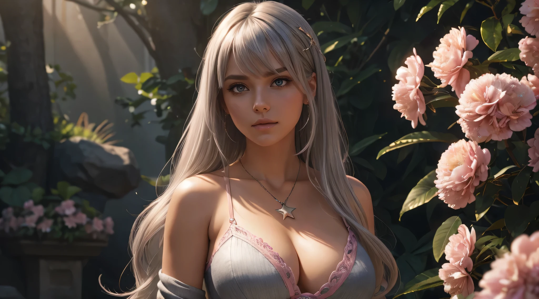 1girl, tmasterpiece,best qualtiy,highly detailed,cinmatic lighting,Ray traching,available light,cinematic compositions,CG,GameCG,bluntbangs,extremely detailed eyes and face,s the perfect face,shiny skins,largeeyes,looking at viewert,big breasts beautiful,Very long hair,UHD,8k,light grey hair,(GameCG),Pink eyeshadow,crewneck,crewneck,Big breasts corset,mediuml breasts,slimification,Oval shaped face,鎖骨, Star necklace, pink flowers that, skintight jeans,1girll,mediuml breasts, long whitr hair, By bangs, hair straight, vests, exteriors, watered eyes, butterfly hair ornaments, Star necklace, back to look back