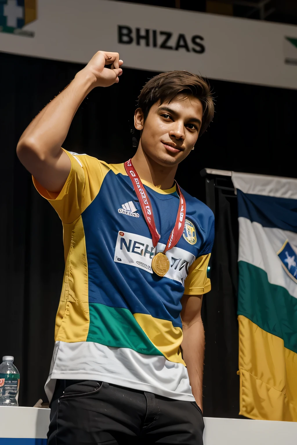 Por favor, crie uma imagem realista de um jovem brasileiro, com idade entre 17 e 19 anos, being at a podium or in front of a convention where a chess competition is taking place. He must have an expression of joy and surprise upon receiving the first place medal. Make sure to include aspects that refer to Brazilian culture, as much clothing as possible, common physical characteristics in the Brazilian population, e, Seja relevante, elements that indicate the scenario in Brazil. The intention is that the image is convincing enough to simulate a real situation and can be used authentically.