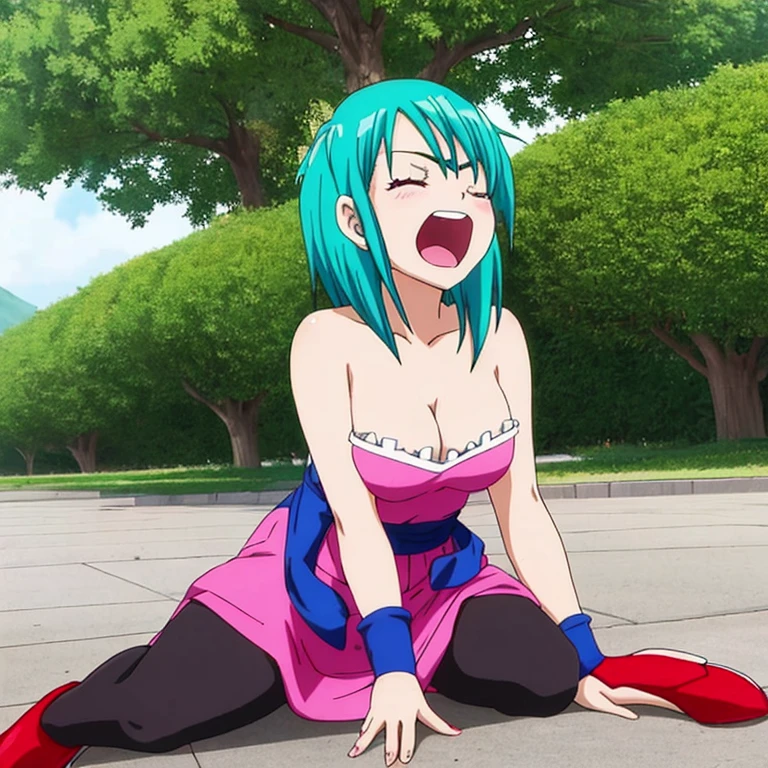 a girl with blue hair sitting down on the ground, bulma from dragon ball, aqua medium hair, with a strapless red dress, both eyes closed, moaning, red high heels, the anime girl is crouching,