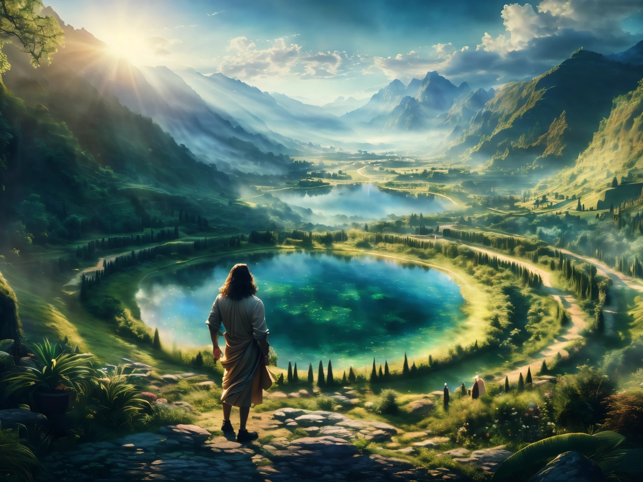 (best quality,4k,8k,highres,masterpiece:1.2),ultra-detailed(realistic,photorealistic,photo-realistic:1.37),Adam in the Garden of Eden, vast audience dressed in tunics before him, incredibly beautiful landscape, he walks amongst the clouds alone, angels in the sky, ethereal lighting, vibrant colors, oil painting-like, divine significance