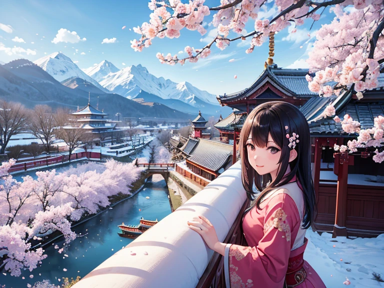 scenery, asian palace, blossoming cherry trees, large castle, from a distance, mountains, snowing