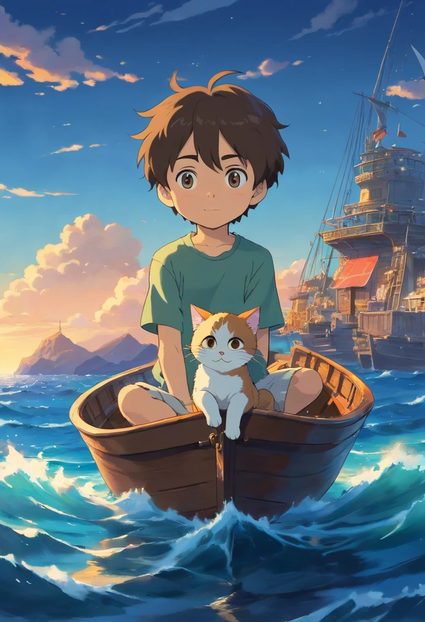Little boy with his cat, sur un bateau, on the ocean, excentrique, qui cherche des diamands on the ocean. Bateaux, mer, Brightness Clear dark. lost treasure.