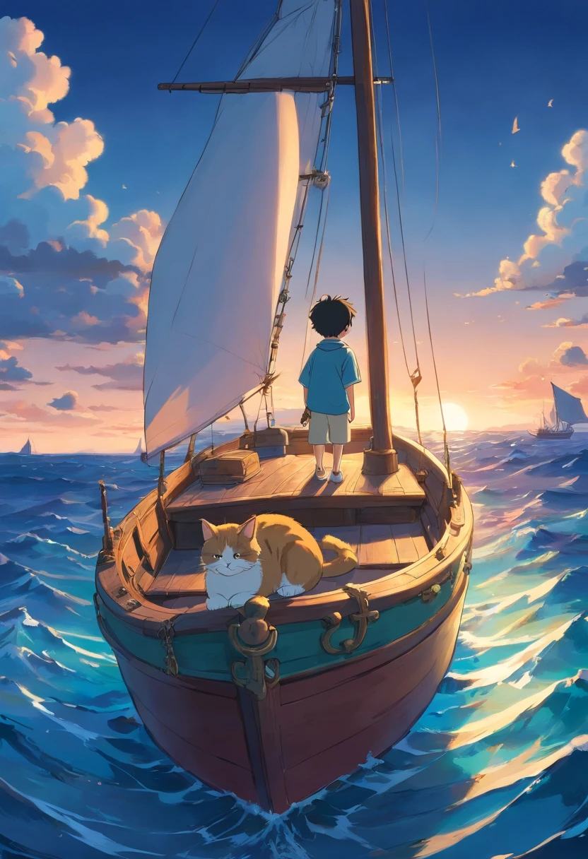 with his cat, sur un bateau, on the ocean, excentrique, qui cherche des diamands on the ocean. Bateaux, mer, Brightness Clear dark. lost treasure.