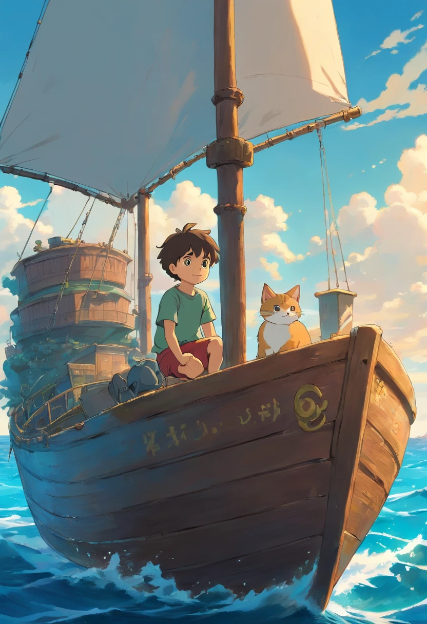 Little boy with his cat, sur un bateau, on the ocean, excentrique, qui cherche des diamands on the ocean. Bateaux, mer, Brightness Clear dark. lost treasure.