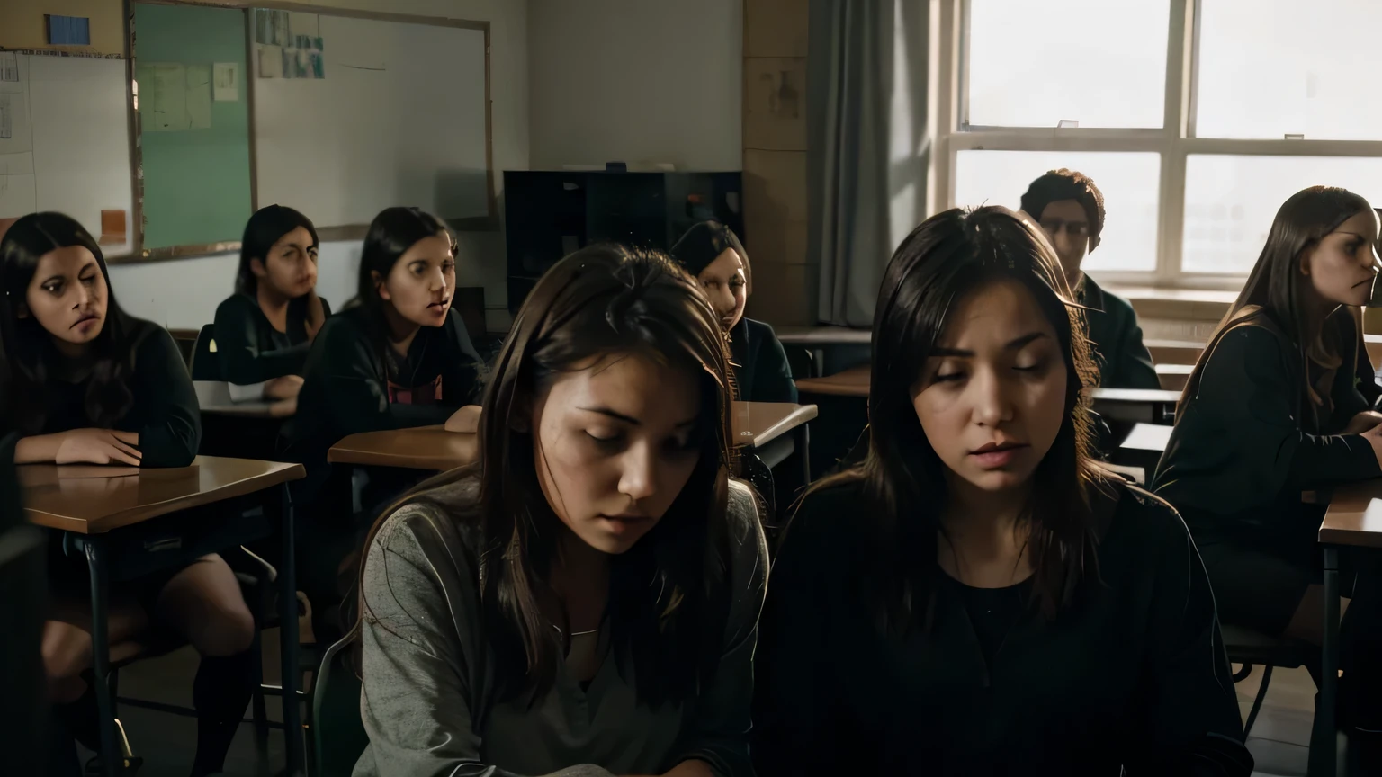sala de aula com alunos entediados, atmosfera de terror, cinematographic, Maravilhoso, 8k