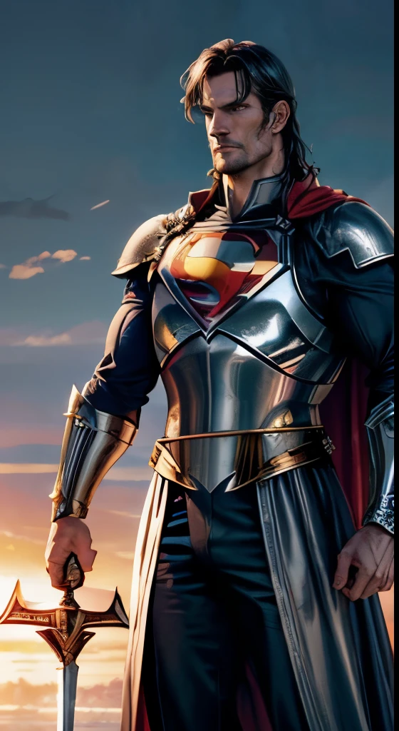 Superman Wearing plate armor、noble male knight with a long sword，Portrait of a noble knight (((Christopher Reeves and Henry Cavill)))，Dignified，On the battlefield，Intricate design and details，dramatic lights，ultra-realistic realism，Cinematic，8K