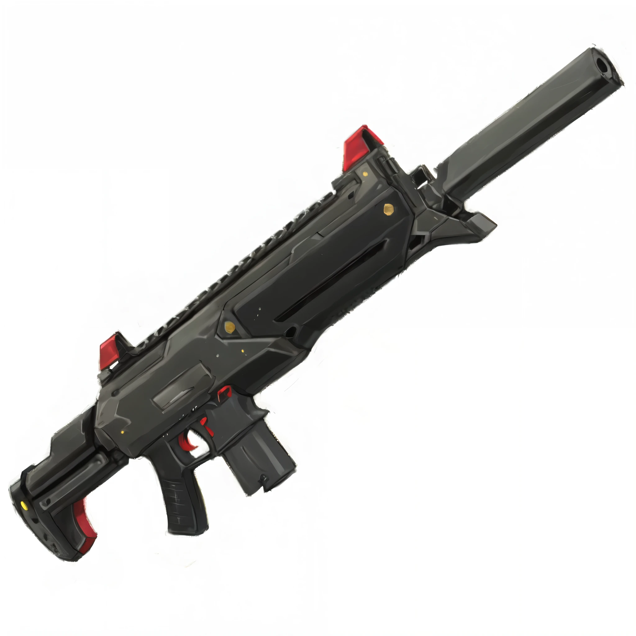 a close up of a gun with a red handle and a black body, smg, p90, vulcaon machine gun, gauss rifle, mp7, assault rifle, energy rifle, slick clammy skin, pulse rifle, corner assault rifle, shotgun, modular item, pitch black skin, jet - black skin, heavy detailed, machine gun, obsidians skin, By black-kitten, by zackary911, by azoomer, by braeburned,