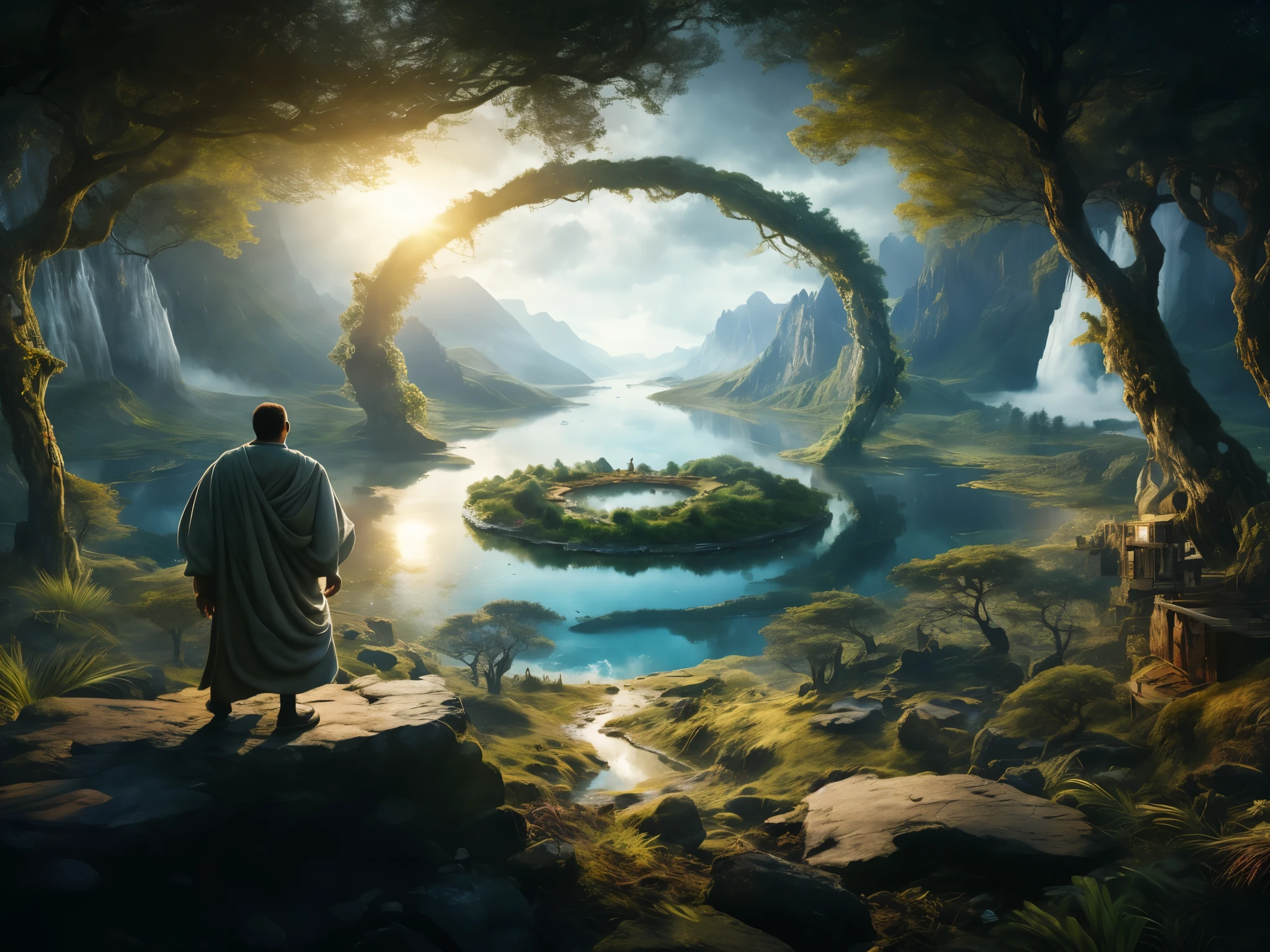 a man standing on a rock looking at a lake and a circle of trees, por Mike Winkelmann, Wide angle fantasy art, inspired por Mike Winkelmann, epic surrealismo 8k oil painting, pitido and mike winkelmann, surrealismo 8k, Symmetrical epic fantasy art., realismo | pitido, cinematic pitido, pitido art