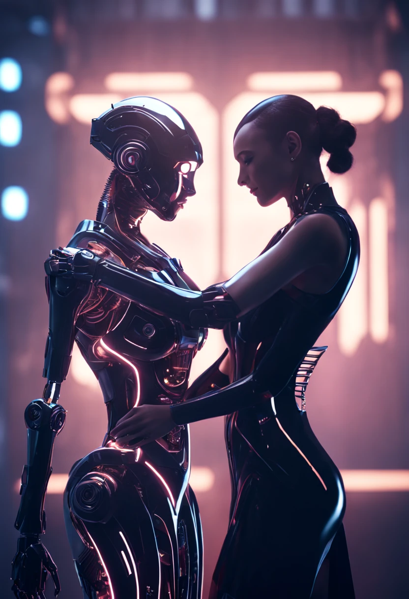 (2persons) (1male robot) (1 human woman) A futuristic Robot hugging a real woman in love, they are looking each other in the eyes, she is wearing a dark transparent dress and high heels, unreal engine, stable diffusion, cinematic lights, highly detailed.