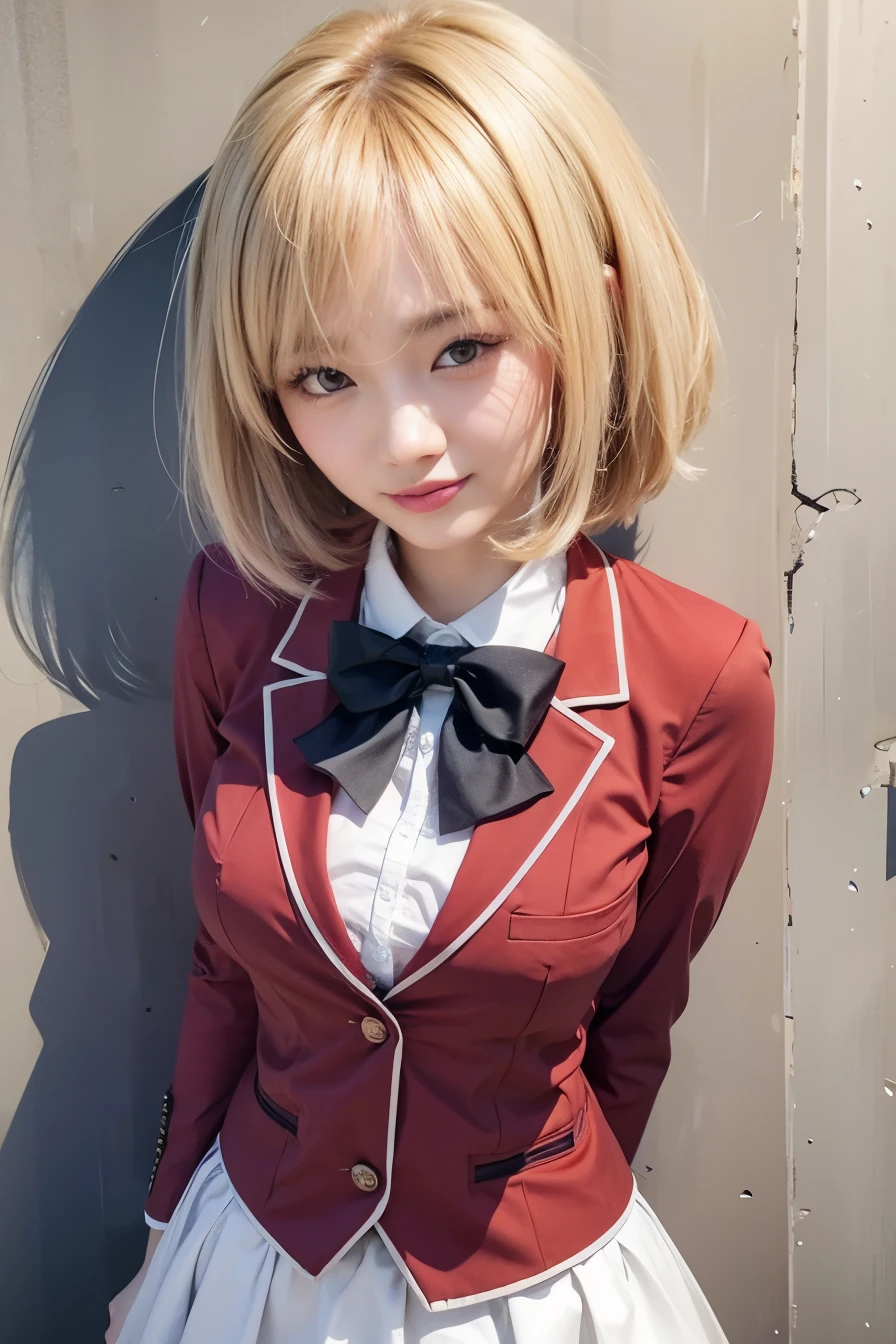 Beautiful asian woman, blonde hair, short hair, red shirt, big