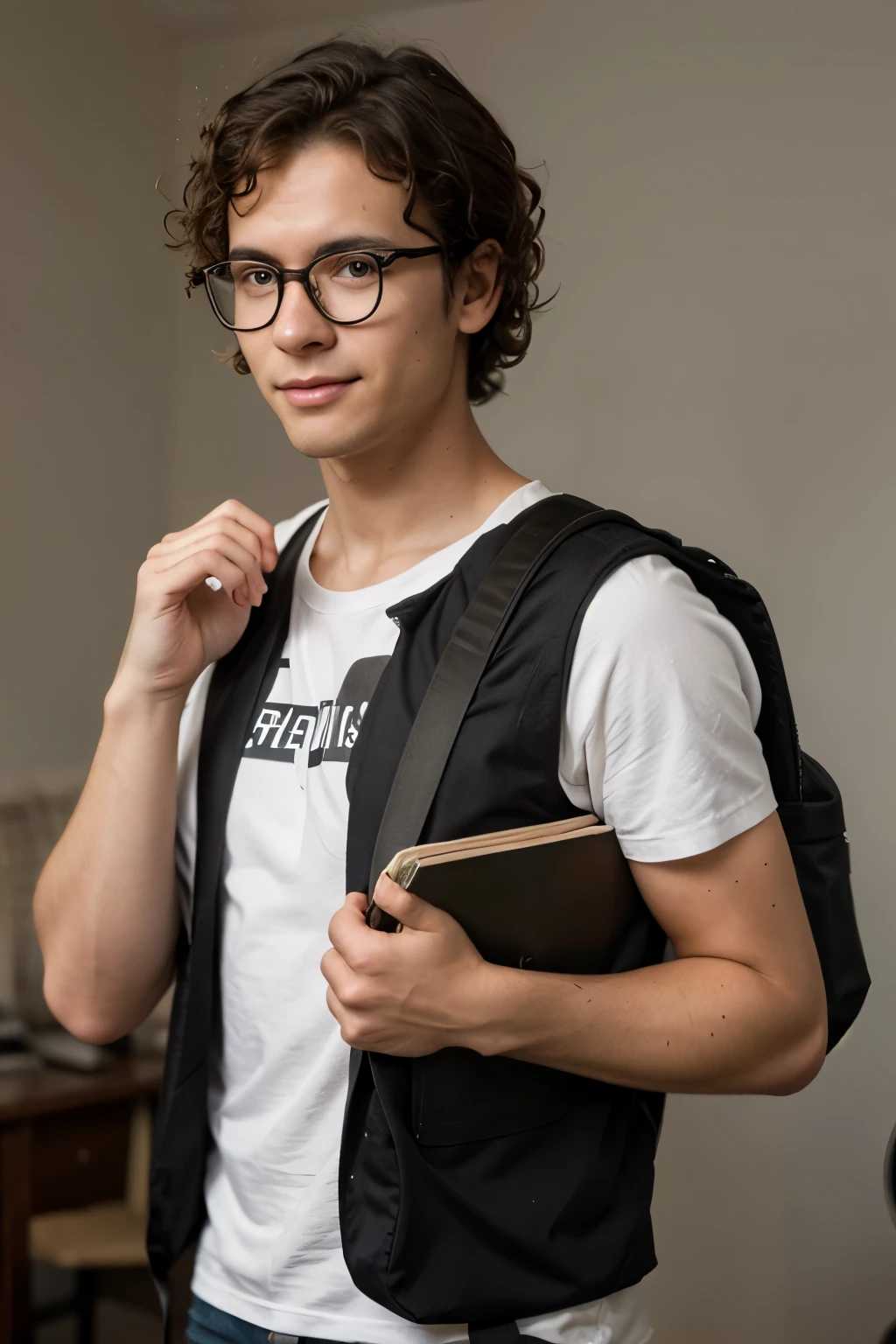 generate a realistic photo of a happy , wearing prescription glasses, with a backpack, holding an open book over his head, curly hair, Brazilian