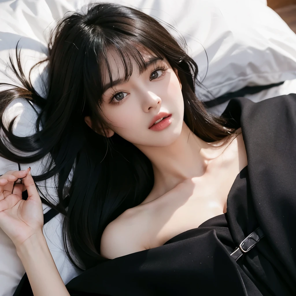 20-year-old girl, slim, long black hair, Hair loose,bangs on her head, brown eyes, black steet cape, black street cloak,  Kap, perfect breasts, Chest to bottom,Mouth open, tongue visible,lying on her back on a modern bed, lying flat, perspective from above, top view, portrait