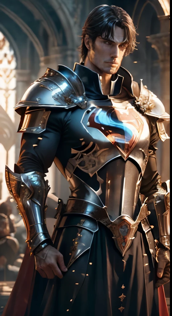 Superman Wearing plate armor、noble male knight with a long sword,Portrait of a noble knight (((Christopher Reeves and Henry Cavill))),Dignified,On the battlefield,Intricate design and details,dramatic lights,ultra-realistic realism,Cinematic,8K