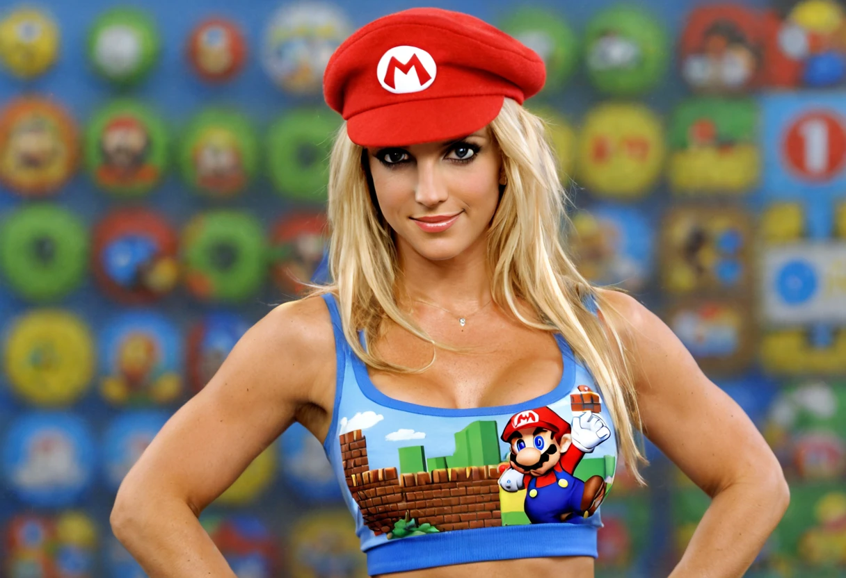 (Britney Spears:0.6) ((ohwx woman)) as super Mario, red hat, (tight cropped top and tight microskirt), (black pantyhose)1.4, fantasy, highly detailed, (sharp focus), photo by Tony Sart randy vargas, (solo)1.5, (Nintendo Pixeled arcade background, Super-Mario 2D sprites platform-game background), Extremely high-resolution details, photographic, realism pushed to extreme, incredibly lifelike, (sharp focus)1.4