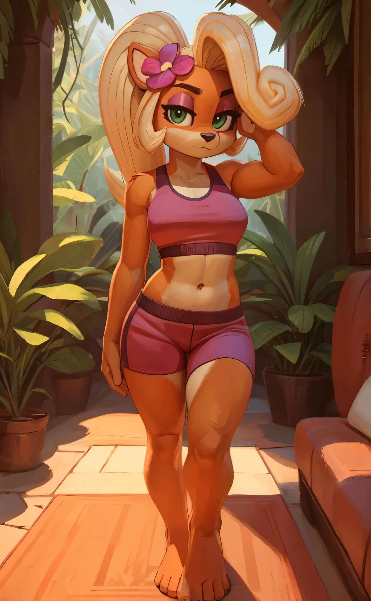 [Coco bandicoot], [Uploaded to e621.net; (Pixelsketcher), (wamudraws)}, ((masterpiece)), ((HD)), ((high res)), ((solo portrait)), ((full body)), ((front view)), ((feet visible)), ((furry; anthro)), ((detailed fur)), ((detailed shading)), ((beautiful render art)), ((intricate details)), {anthro; orange fur, black nose, (cute green eyes), (half-closed eyes), (short eyelashes), (pink eyeshadow), blonde curly hair, curly ponytail, (curvy hips), (beautiful legs), (beautiful feet), (cute frown), (sleepy expression)}, {(red sports bra), (navel), (red boxer briefs), (pink flower in hair)}, {(standing), (hand on head), (looking at viewer)}, [background; (tropical forest), (living room), (window), (blue sky), (sun rays), (ambient lighting)]