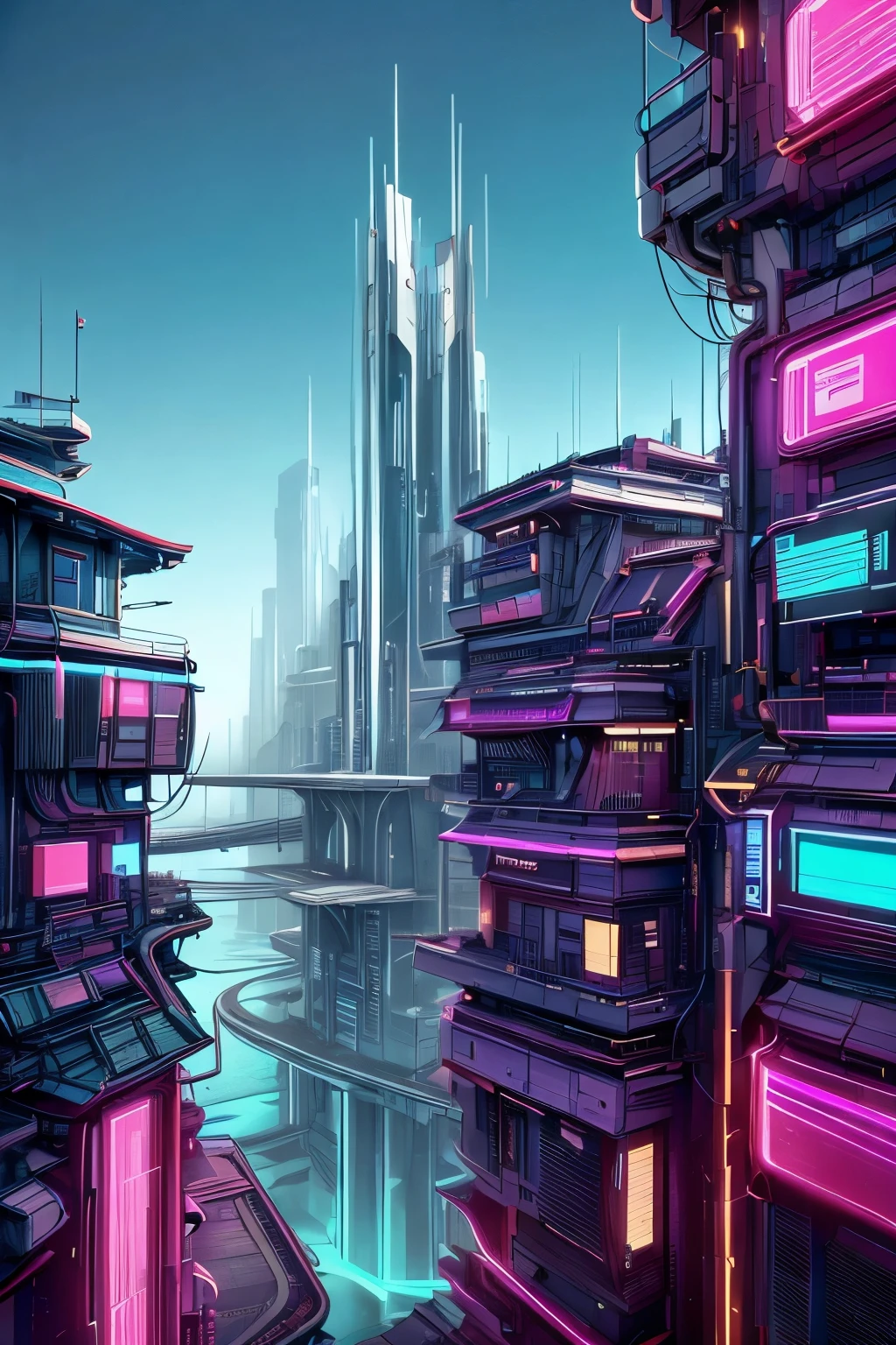 Uma belissima garota japonesa ciborgue, cyberpunk corpo lindo, peitos medios, belo quadril, partes mecanicas, cabelo medio, intincado detalhado, luzes neon, side view of the back looking at the viewer, on a luxurious terrace, vista de fundo predios futuristas da cidade, extremamente detalhado, 8k, ultra realista