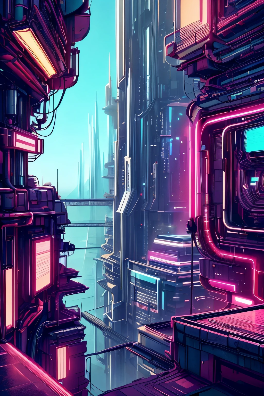 Uma belissima garota japonesa ciborgue, cyberpunk corpo lindo, peitos medios, belo quadril, partes mecanicas, cabelo medio, intincado detalhado, luzes neon, side view of the back looking at the viewer, on a luxurious terrace, vista de fundo predios futuristas da cidade, extremamente detalhado, 8k, ultra realista