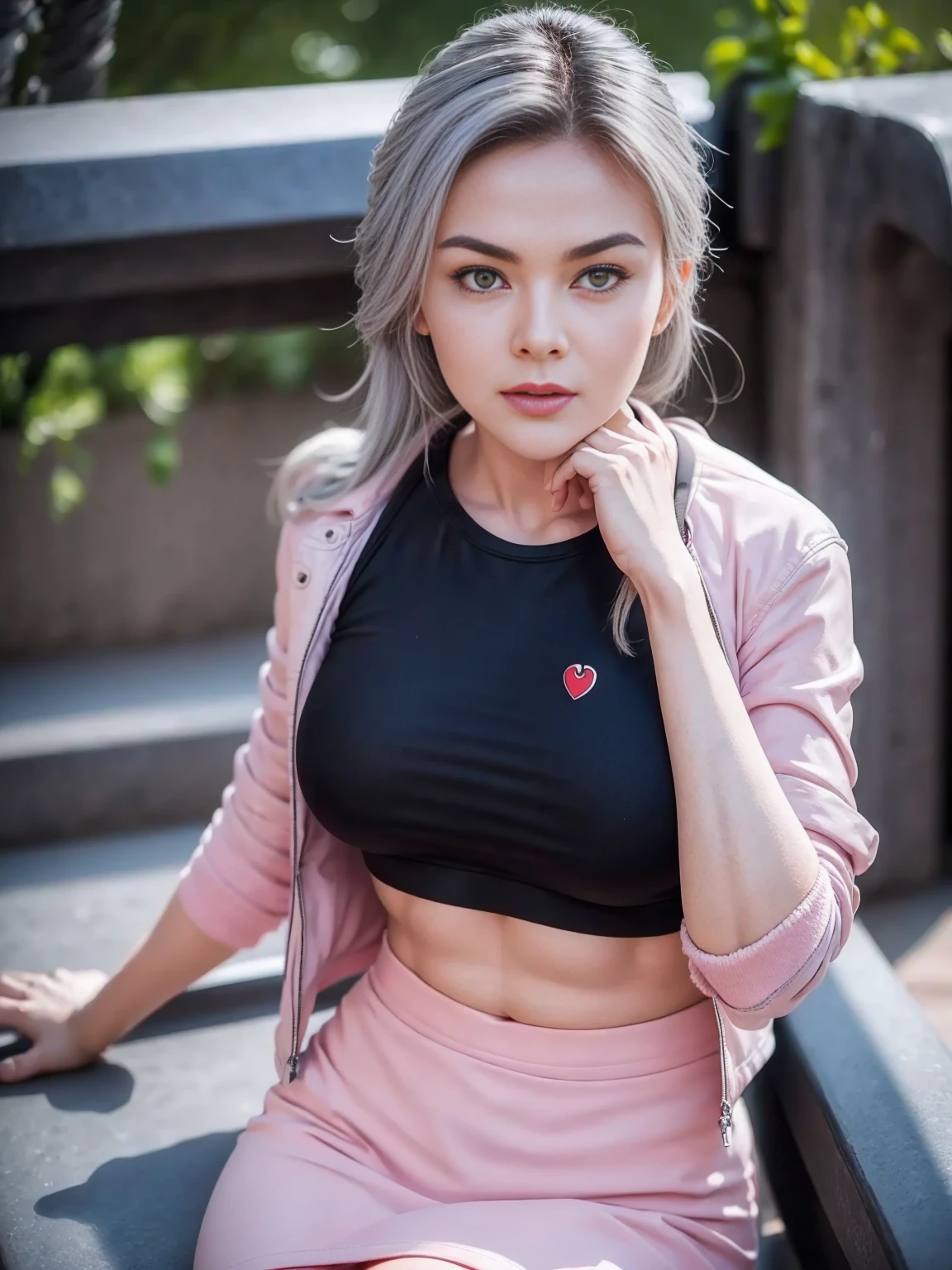 gorgeous cute Austrian girl, (red crop top), Steel gray hair loose hair, wears a white top ,black yoga pant, siting on the bublic bench on the street , short skirt and pink fluffy jacket, looking towards camera , simple sitting pose, both hands has simple pose style according to body pose, all body parts are perfect, highly detailed, hdr ,perfectly symmetrical face, realistic detailed skin, vivid colours, HDR, hard shadows, art photography, sharp focus, masterpiece, breathtaking, atmospheric perspective, diffusion, pore correlation, skin imperfections, 80mm Sigma f2, depth of field, intricate natural lighting,
Potrait camera angle 