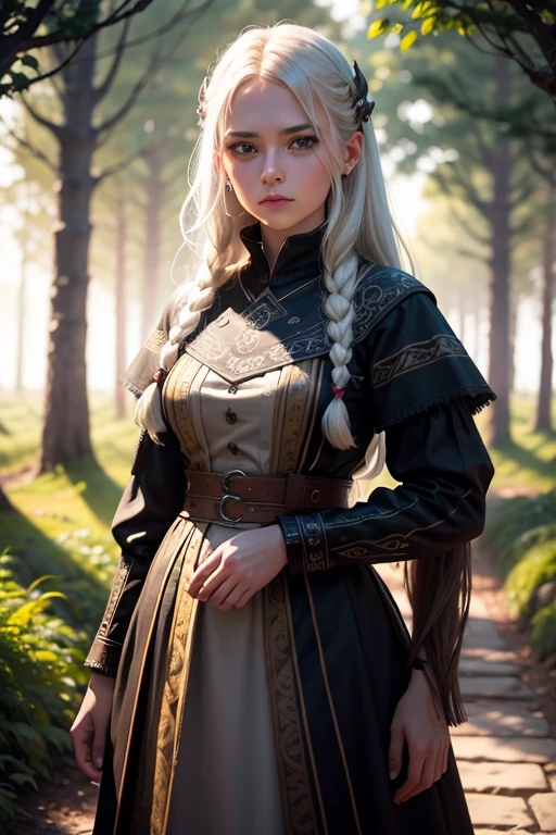 [Full length portrait] [18 Years Old nordic Female Fashion model] [vestido como un guerrero vikingo al estilo] [Bored expression on Face][entorno bosque oscuro y oscuro en el campo de batalla.] [type of illumination: natural lighting], extremadamente realista, 8k, detalles locos, detalles intrincados, beautiFully color graded,Escala de colores, Editorial Photography, Photography, bokeh, tomada con una lente de 60 mm, ISO 300, F/4, 1/200th