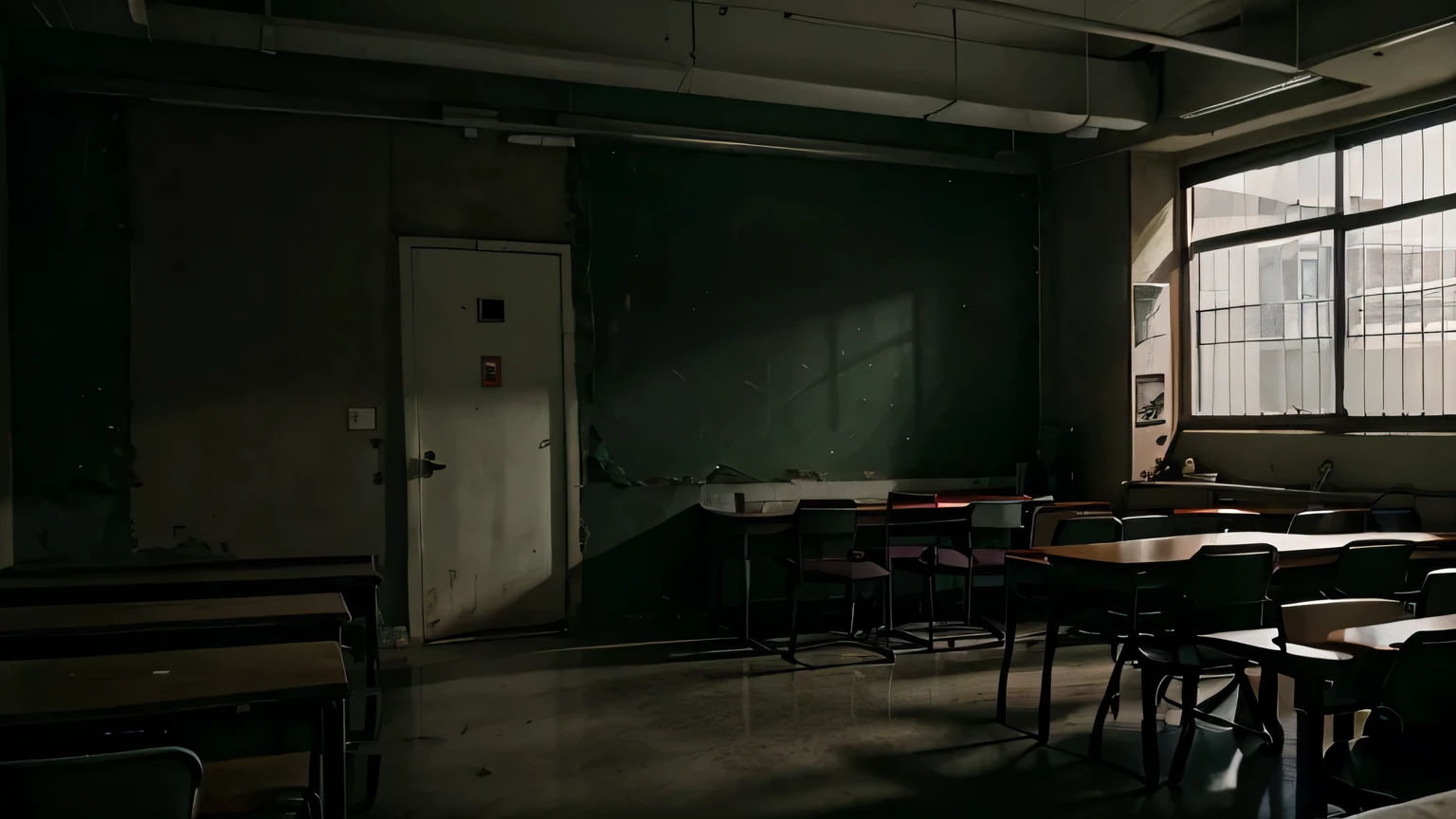 sala de aula fechada com alunos assustados no canto da sala, atmosfera de terror, cinematographic, Extremamente realista, Maravilhoso, 8k