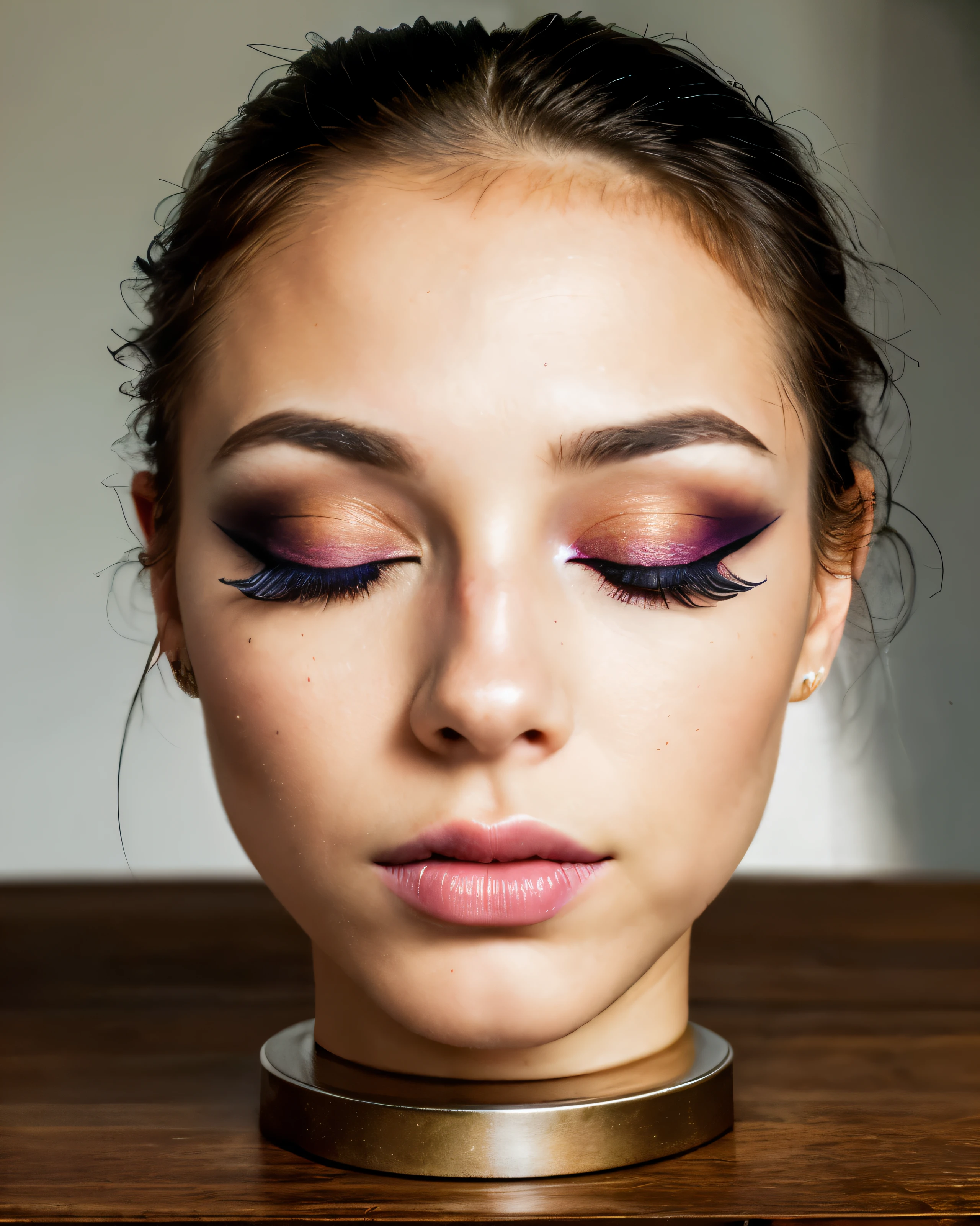 ((disembodied head on table)), Brittany, ((wearing makeup)), highly detailed skin, (eyes closed), (realistic), realistic lighting, (best image, best quality)