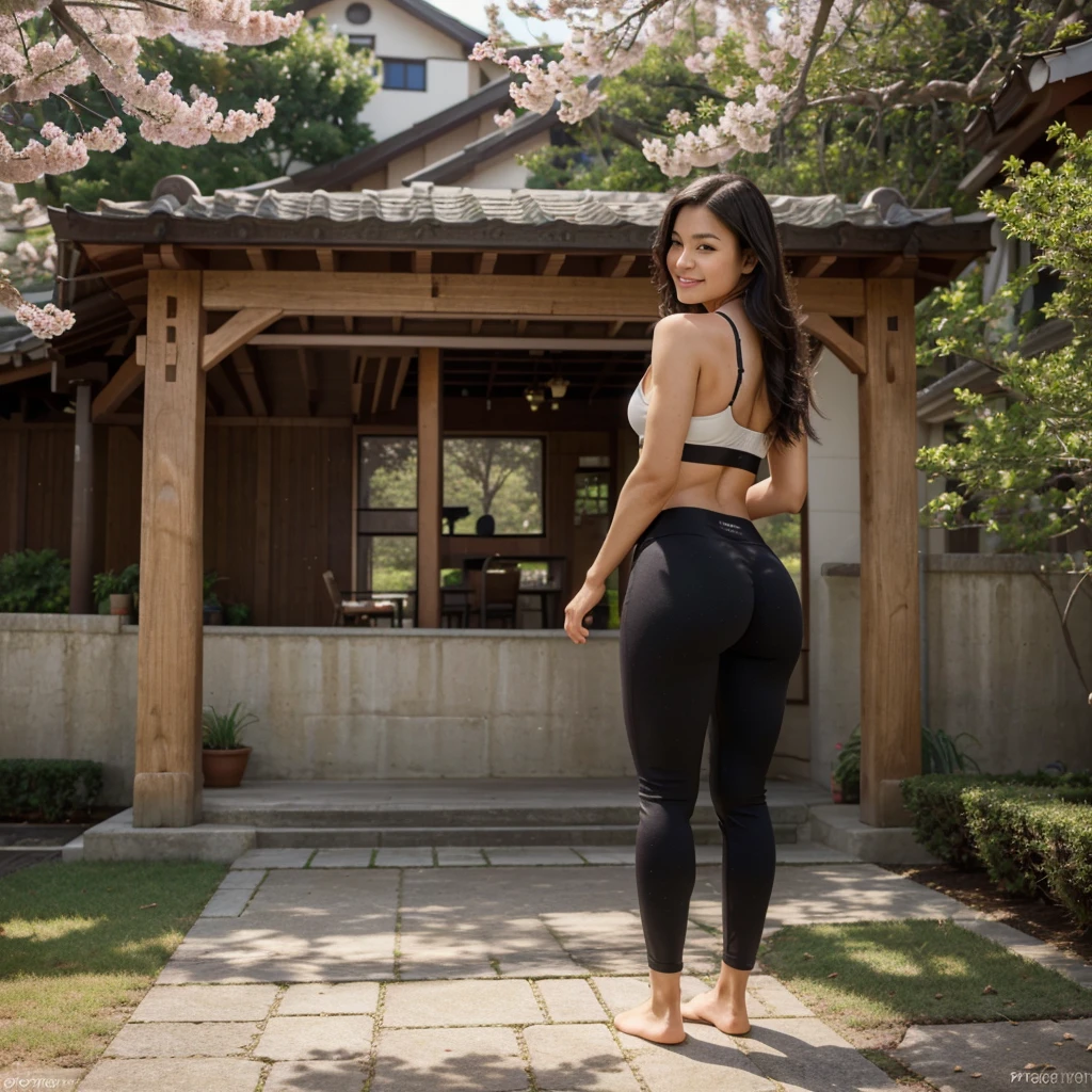 Super realistic slim Japanese woman with black bikini and big sagging breasts and leggings standing with her back
