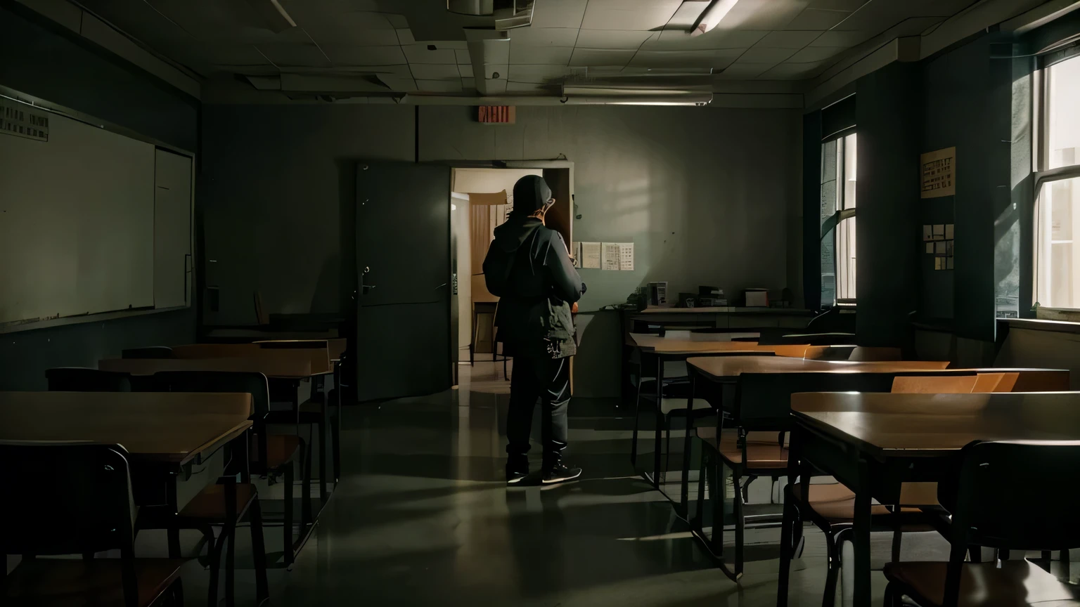 sala de aula fechada com alunos assustados no canto da sala, atmosfera de terror, cinematographic, Extremamente realista, Maravilhoso, 8k