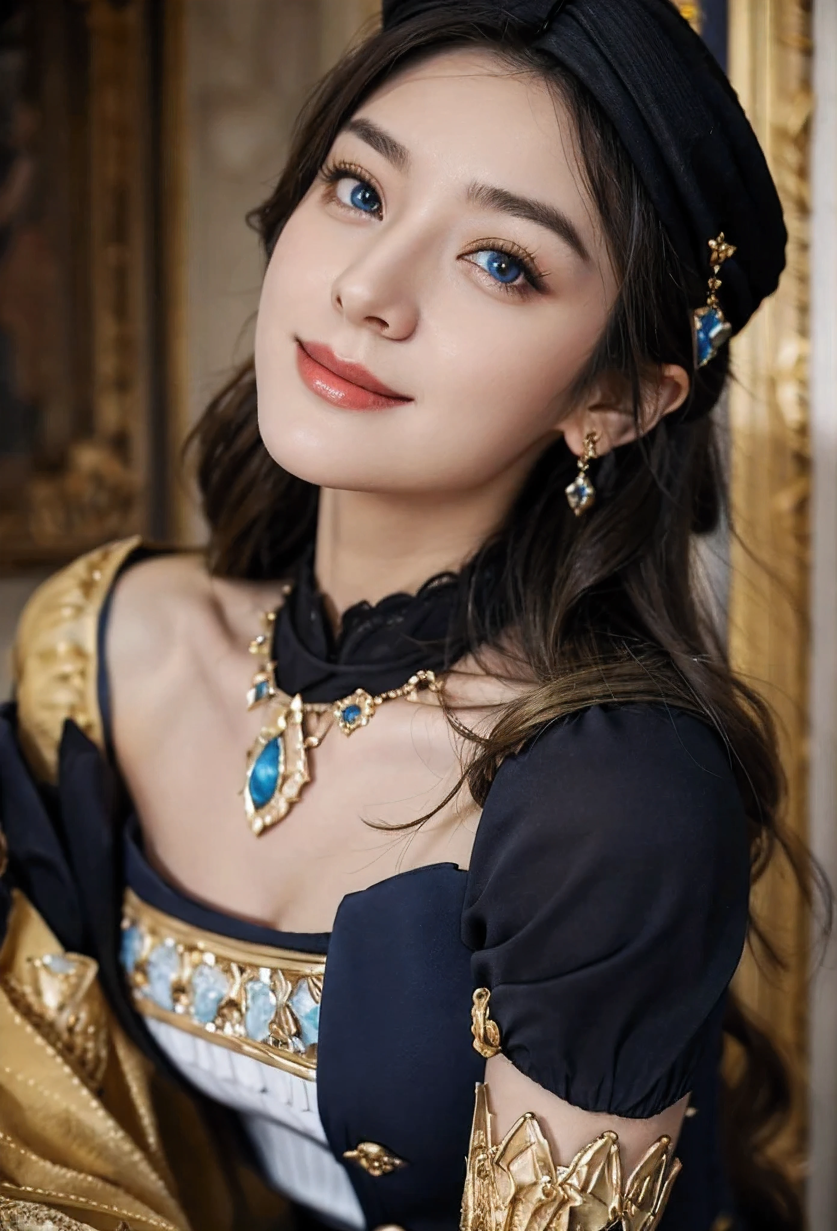 18-year-old girl, people portrait, (smile), (off shoulder), 
navia /(genshin impact/), (looking at viewer), (cleavage, breasts), blue diamond necklace, 
(ornate dress, a navy, white, and black bodice), sleeveless low-cut bodice, golden decorations, open back, extremely beautiful face, detailed face, detached sleeves, laced sleeves, very tight sleeves, muslin sleeves, white ruffles, navy bows on sleeves, off the shoulder puff trimmed with black lace, white ruffles and navy and yellow bows , long hair, curly hair, golden hair, blonde hair, tighter-fitting sleeves with golden decorations and blue stones, 
black and yellow long skirt, long train, open skirt at front, 
masterpiece, best quality,highres, 1girl, navia, black headwear, wariza, bare shoulders，sufficient light, 85mm, Canon, f/2.8, UHD,RAW,retina, masterpiece, ccurate, anatomically correct, textured skin, super detail, high details, high quality, award winning, best quality, highres, 8k,a girl,
 black thighhighs