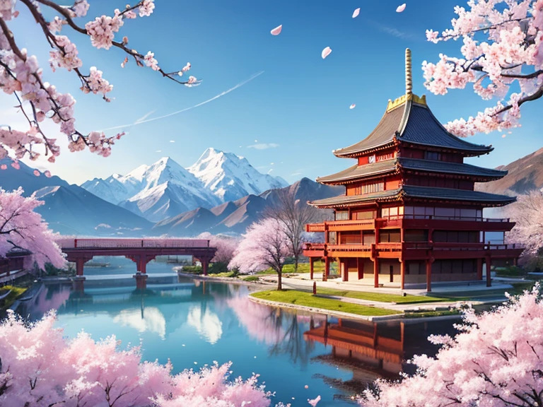 scenery, asian palace, blossoming cherry trees, large castle, from a distance, mountains, snowing
