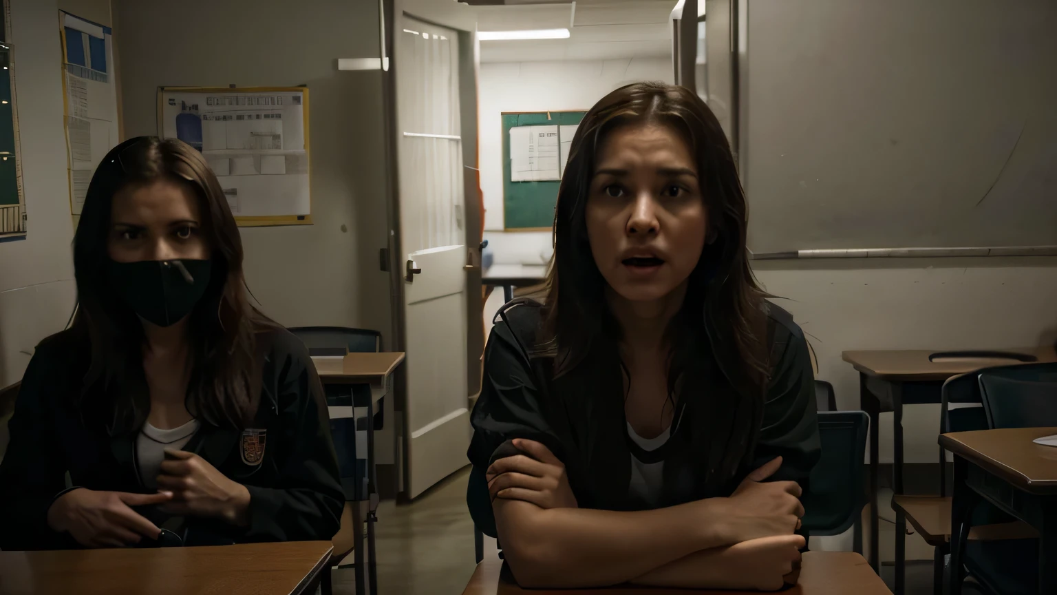 sala de aula fechada com alunos assustados no canto da sala, atmosfera de terror, cinematographic, Extremamente realista, Maravilhoso, 8k
