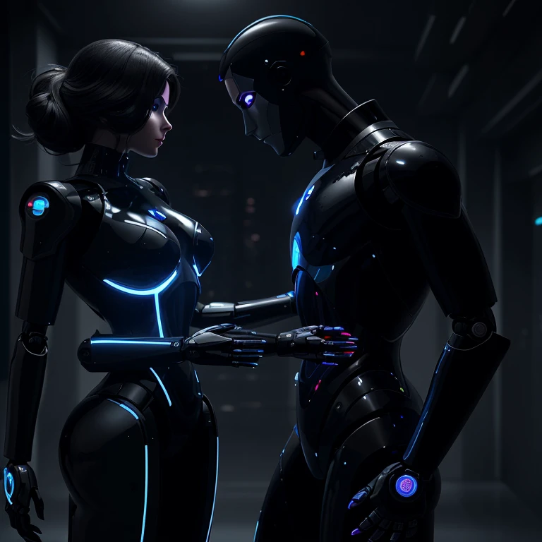 (2persons) (1male robot) (1 human woman) A futuristic Robot hugging a real woman in love, they are looking each other in the eyes, she is wearing a dark transparent dress and high heels, unreal engine, stable diffusion, cinematic lights, highly detailed. 
