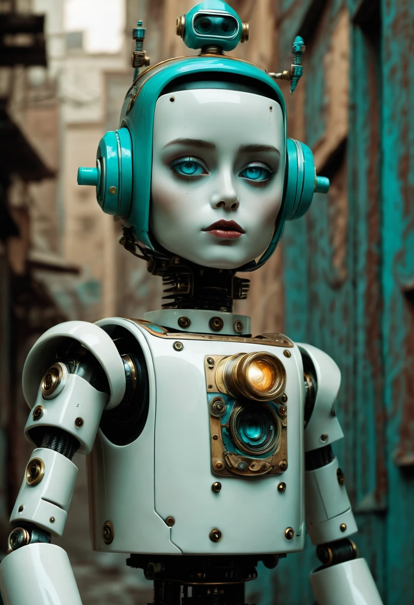 Full length view. Little funny robot, porcelain face and head, big turquoise eyes, perfect eyes, top quality style. A beautiful cinematic impressionistic picture, a dark dramatic character, in the style of Jeremy Mann and Charles Dana Gibson, Mark Demsteder, Paul Hedley. Spartak Mukanov.