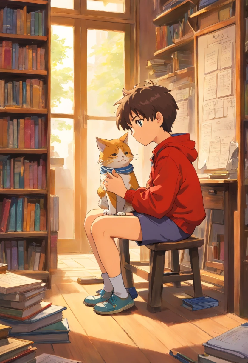 Petit garçon avec son chat, à l'école, dans la cours de récréation, excentrique, qui cherche des diamands. Étudiants, école, Luminosité Claire obscure. Trésor perdu.
